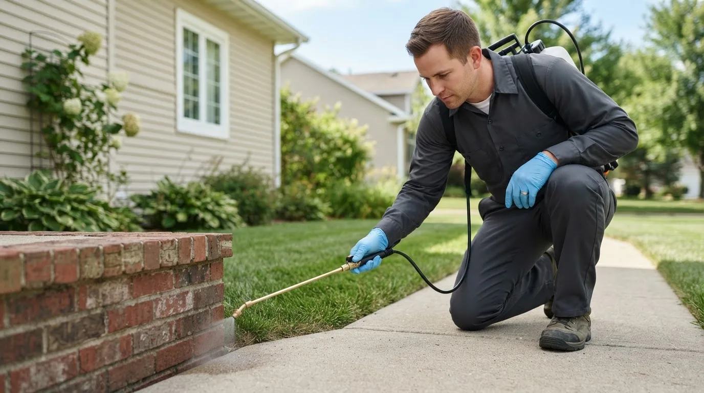 Pest control technician treating a home near Sanostee, NM