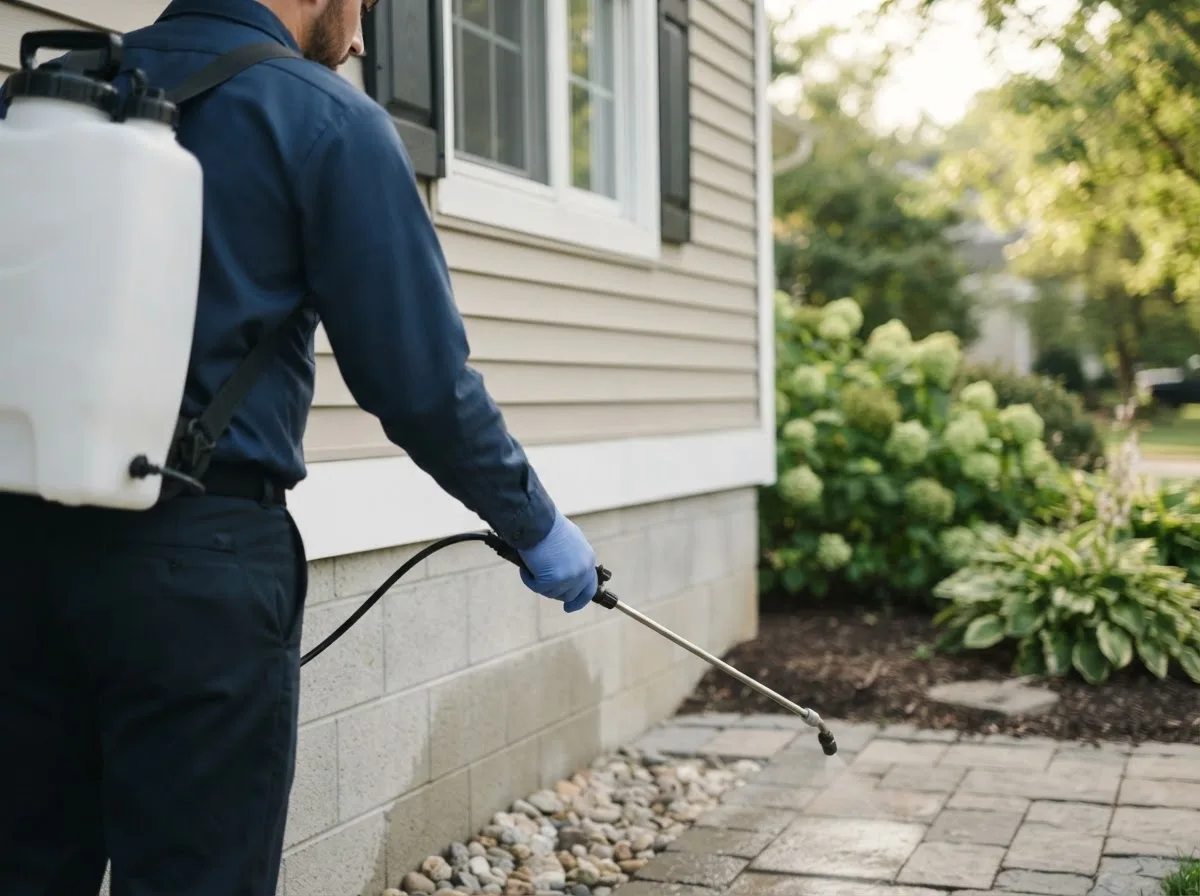 Pest control technician inspecting a home in Sanostee, NM